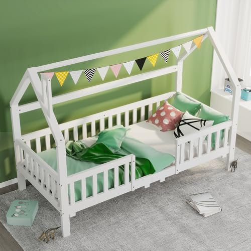 Kinderbett Hausbett 90x200 cm, Kiefernholz Bett für Jungen und Mädchen, mit Rausfallschutz und Lattenrost, ohne Matratze, Weiß