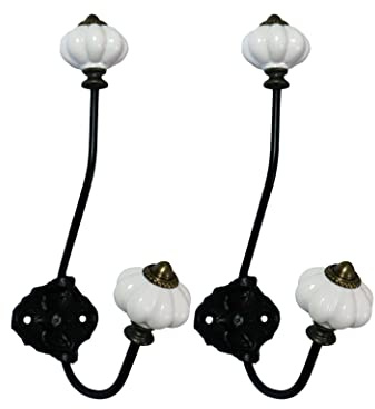 30GO Set di 2 ganci decorativi antichi in ferro in ceramica con viti, ganci vintage da parete in metallo a zucca (bianco)