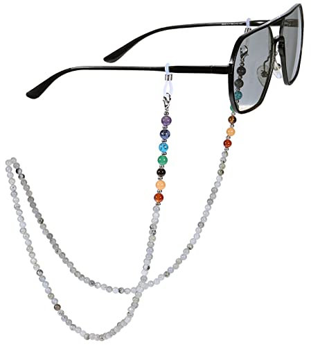KYEYGWO Grey Beaded Glasses Chain for Women Men, Labradorite Crystal Eyeglass Holder Necklace Face Mask Lanyards Spectacle Chains for Glasses Around Neck