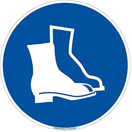 Panneau d'obligation Port des chaussures de sécurité obligatoire. Obligation Signalisation EPI. Autocollant, PVC, Alu - Diamètre 125 mm - Adhésif - Adhésif -