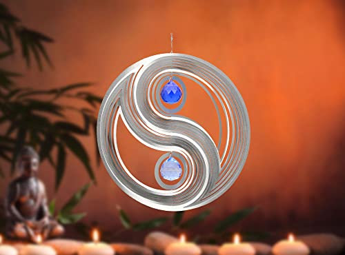 ILLUMINO Edelstahl Yin Yang mit 40 mm Kristallkugeln - Saphirblau & Kobaltblau, Windspiele für draußen hängend, Gartendeko für draußen, Fensterdeko hängend