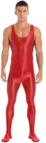 FEESHOW Herren Glänzend Nylon Bodysuit Overall Einteiler Sport Body Gymnastikanzug Trikot Leotard Ganzkörper Strumpfhose Nachtwäsche A_Rot XL