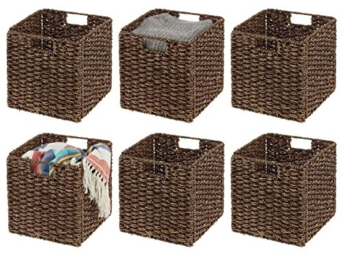 mDesign Gewebter Würfelkorb aus Seegras mit Griffen – Aufbewahrung für Schlafzimmer, Heimbüro, Wohnzimmer, Badezimmer, Regal/Cubby-Organisation, für Decken, Bücher – 6 Stück, braune Waschung