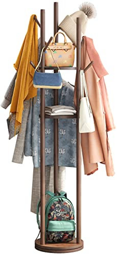 kiplant Garderobenständer, freistehend, drehbarer Garderobenständer mit 8 Haken, Bambusholz Garderobenbaum für Kleidung/Taschen/Hüte, stabile freistehende Garderobe für Zuhause/Büro/Eingang/Flur