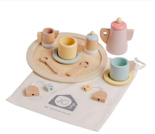 JC TOYS- Juego de té Infantil, 12 Piezas, Set de Madera, Accesorios para los niños, Juegos de simulación, Incluye Bolsa para Guardar, Ideal para Regalar, + 3 años