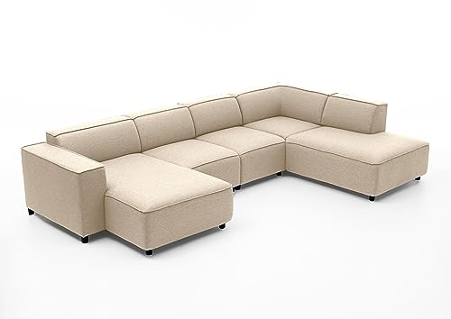 Atlantic Home Collection Bulky Wohnlandschaft Ecksofa, Récamière rechts, Stoff, Creme, 195 x 324 x 70 cm,