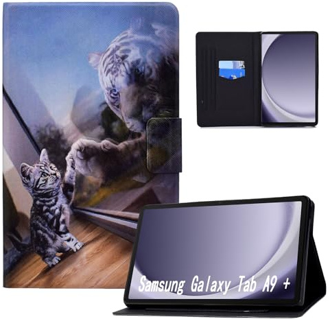 Auslbin Hülle für Samsung Galaxy Tab A9+ A9 Plus 11 Schutzhülle PU Leder Case Magnetisch Flip Cover mit Ständer für Samsung Galaxy Tab A9+ A9 Plus 11,Katze und Tiger