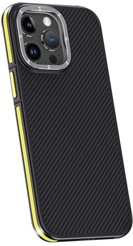 PuRoxx Magnetische Hülle für iPhone 15 Pro Max/15 Pro/15 Plus/15, Kohlefaser Handyhülle, Metallrahmen Kamera Objektiv Schutz, Dünne Gefrostet Schutzhülle,Gelb,15Pro