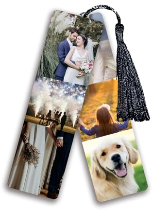 Lesezeichen mit Quaste, personalisierbar mit Foto oder Logos, 15 x 4 cm (personalisierbar mit 6 Fotos - vorne und hinten)