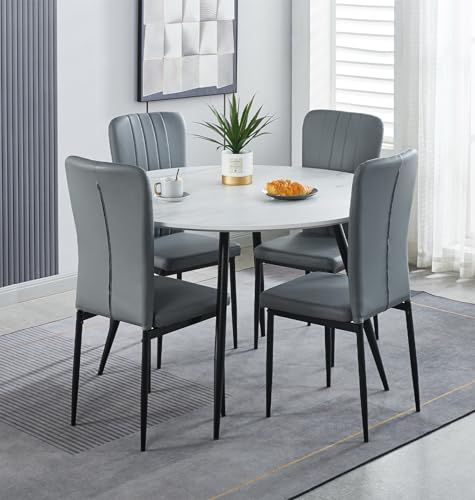 Hallowood Furniture Cullompton Large Round Dining Table and Chairs Set 4, White Marble Effect Kitchen Table and Chairs Upholstered in Grey Faux Leather, Dining Room Sets for Home and Cafe