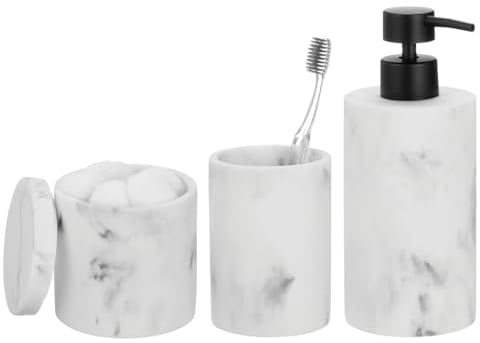 mDesign 3-teiliges Badezimmer-Zubehör aus bedrucktem Kunstharz – Seifenspender, Becher und Kanisterhalter – komplette moderne Ästhetik – Set von 3 – Marmor