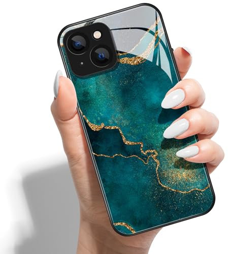 Printed Phone Case for iphone 13 Mini 5.4 HD Glass PC Hard Back Cover with Shockproof Silicone Skin Butterfly Love Marble Pattern Design for Girls Boys -Green Gold Marble