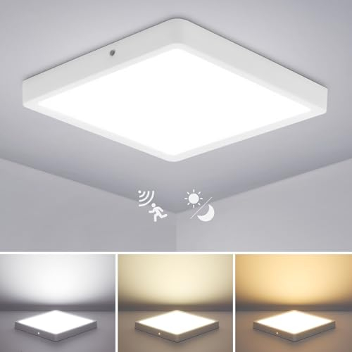 Combuh 24W LED Deckenleuchte mit Bewegungsmelder Innen, 30cm Deckenlampe mit Dämmerungssensor, Warmweiß, Neutralweiß und Kaltweiß, 230V Lampe für Flur, Treppenhaus und WC