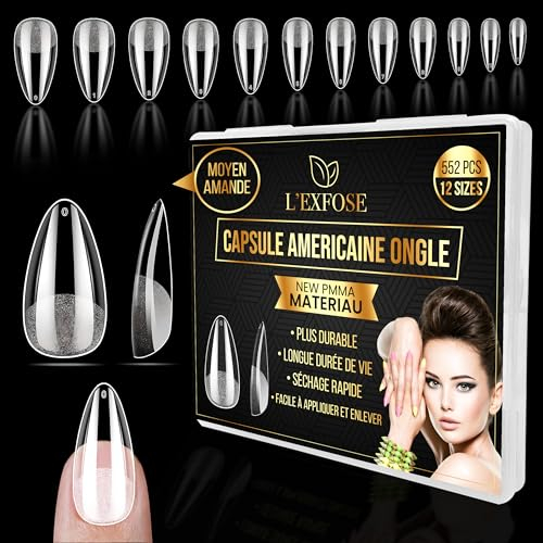 L'Exfose 552 pcs Capsule Americaine Ongle Amande - 12 Tailles Hypoallergenique PMMA Moyen Faux Ongles Capsule for DIY Nail Art & Salons Acrylique ongle pose americaine Semi Transparent Capsule Gel X