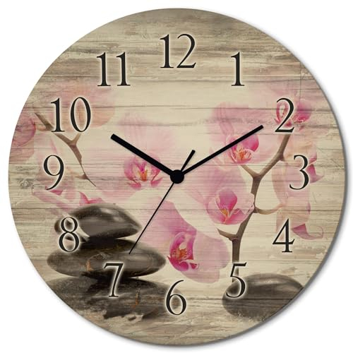 ARTLAND Wanddeko Wanduhr ohne Tickgeräusche aus Holz Funkuhr lautlos rund Ø 30 cm Schwarze Steine und Pinke Orchidee T6BI Wellness Zen Bilder Stein
