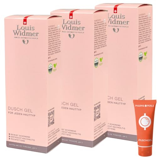 Louis Widmer Duschgel, 3x 200 ml I leicht parfümiert I Milde und sanfte Reinigung I empfindliche Haut I Feuchtigkeit I pH-hautfreundliche Pflegedusche I Spar-Set plus Pharma Perle give-away