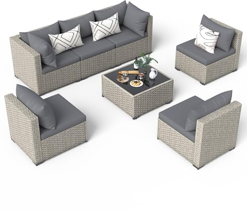 UDPATIO Polyrattan Lounge Gartenmöbel Set für 6 Personen, Essgruppe mit Sofa, Sessel, Tisch & Kissen, Sitzgruppe wetterfest für Garten, Terrasse und Balkon (Grau, 6 Personen)