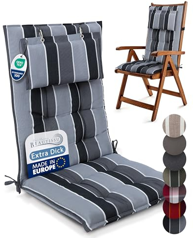 Beautissu Premium Hochlehner Auflage Kopfpolster 120x50cm Sun-HL – 8cm Dickes Polster Gartenstuhlauflage rutschfest Befestigungsbänder UV-Lichtechtheit 5 – Robuster Stoff Anthrazit Gestreift