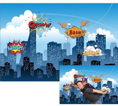 MIRRORANG 1,5 x 1 m Wonder Woman-Hintergründe, andere Superhelden, Stadtbild, Fotografie, Hintergrund, Maske, ideal als Superhelden, Wow, Gebäude, Skyline, Gebäude, Stadt, Geburtstag, Party, Event,