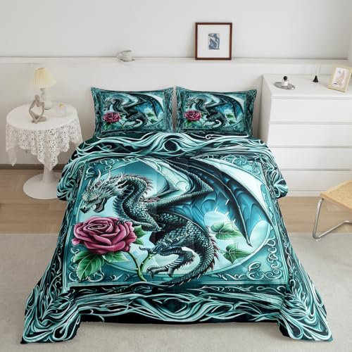 Castle Fairy Bettwäsche-Set mit Rosen und Drachen, Boho-Mandala-Blumenmuster, 3-teilig, Western-Wildtiere, Steppdecken-Set für Kinder, Mädchen, Jungen, Teenager, Raumdekoration, gotische magische