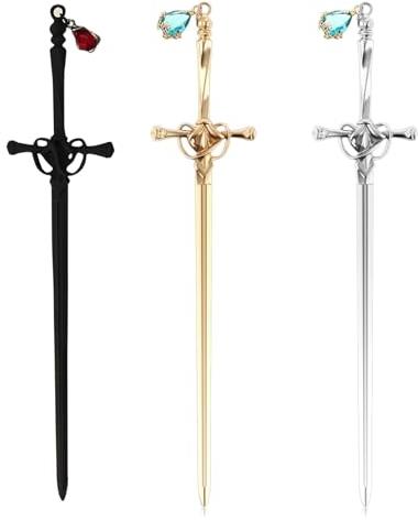 JRYGAC 3 Stück Metall Schwert Lesezeichen Retro, Haarstab Haarstäbchen mit Kristall Anhänger, Geschenke für Frauen Männer Lehrer Studenten