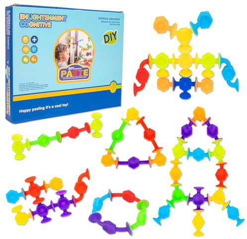 CIMOYBAI 76 Stück Saugnapf Spielzeug, Montessori Spielzeug Badewannenspielzeug ab 3 Jahre, Sensorisches Saugspielzeug, Badespielzeug Silikon Bausteine Reise Spielzeug für 3 4 5 6 Jahre