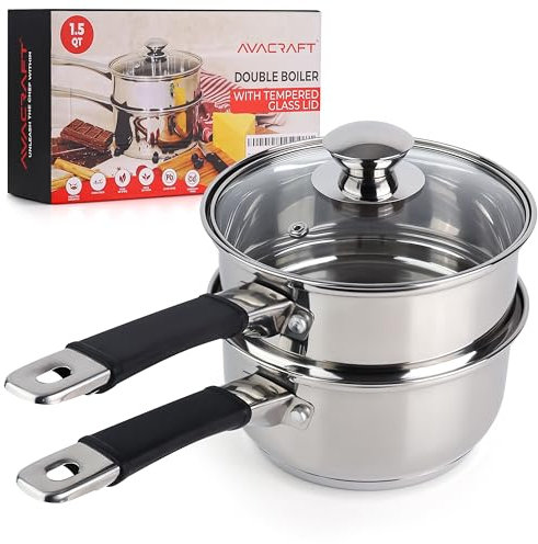 AVACRAFT 18/8 Stainless Steel Double Boiler, 1.5 Quart - Quality Clad Melting Pot for Butter, Chocolate, Cheese, Wax, Sauces - Even Heat, Tempered Glass Lid, Long Handle, Bottom has 5 Layers