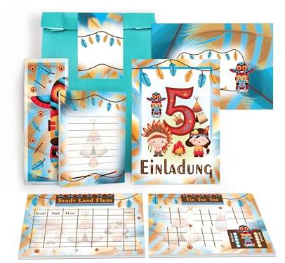 10 Einladungskarten zum 5. Kindergeburtstag Party Geburtstag Kinder Jungs Mitgebsel inkl. 10 Umschläge, 10 Tüten, 10 Aufkleber, 10 Lesezeichen, 10 Blöcke, 10 Stadt-Land-Fluss, 10 Tic Tac Toe Indianer