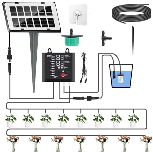 Sistema de riego solar, sistema de riego automático para jardín, 12 modos de temporizador, manguera de 15 m, función de alarma para jardín, balcón, plantas en macetas al aire libre