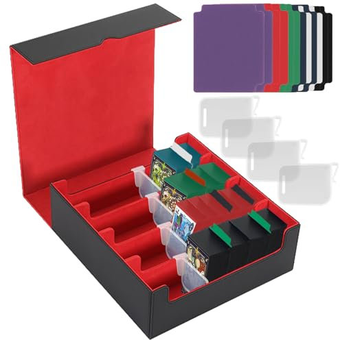 Smgbway Scatola Porta Carte per MTG Carte, 4 Righe Deck Box con 12 divisori colorati, capacità di 3000+ TCG Carte, Magnetic Flip Deck Box, Box Porta Mazzo Carte per Carte TCG CCG (blackred)