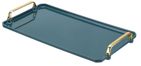PATIKIL 16.1 x 8.7 Inches Plastic Serving Tray with Golden Handles, Reusable Tray Rectangular Party Platters for Dessert Coffee Tea Table, Living Room Kitchen Countertop, Dark Green