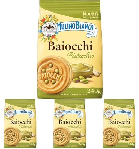 Mulino Bianco Biscotti Baiocchi al Pistacchio, Biscotti con Pistacchio e Pastafrolla Ideali per Colazione o Merenda, Senza Olio di Palma, 1 Sacchetto da 240g (Confezione da 4)
