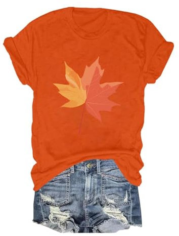 2024 moda Acción de Gracias Bloque de Color Bloque de Hoja de Arce Impresión Cuello Redondo Manga Corta Camiseta para Mujer Top ajustado, naranja, L