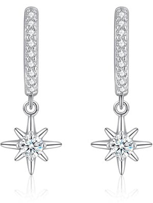 Estrellique Creolen Silber Ohrring Hängend für Frauen Mädchen, Damen 925 Sterling Silber Creolen Ohrringe, Hypoallerge Kreolen Ohrringe mit Achtzackiger Stern Anhänger, Kreolen Ohrhänger mit Zirkonia