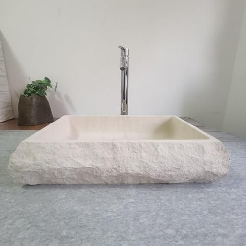 Fregadero de piedra caliza natural, 19.7 x 13.8 x 4.3 pulgadas, color blanco beige, exterior rugoso