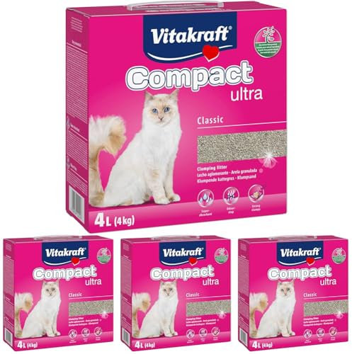 Vitakraft Compact Ultra, Katzenstreu, klumpendes Streu, saubere und einfache Entfernung (1x 4kg) (Packung mit 4)