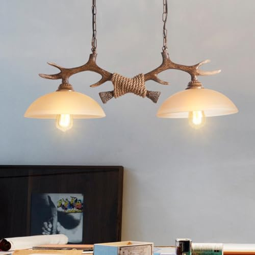 Pendelleuchte Retro Pendellampe E27x2 Esstischlamp Resin Geweihe Hängelampe American Ländliche Kronleuchter Höhenverstellbarer Lampenschirm Glas Hängeleuchte Bar Wohnzimmer Cafe Küche Deckenleuchte(A)