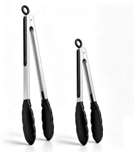 NileHome Tongs for Cooking, Professional Stainless Steel Metal Tongs – Heat-Resistant for Grilling, BBQ, Serving Salad, Pasta, and Kitchen Use, Dishwasher Safe, Set of 9 12, Black
