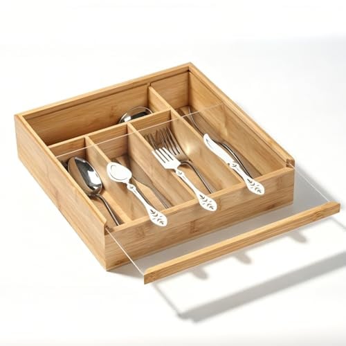 JAZUIHA Holz Besteckkasten mit Deckel, 5 Fächer Besteck Aufbewahrungsbox | Kompakter Besteckorganizer 30 × 30 × 8 cm für Tisch und Schublade, Besteckhalter mit vintage Besteck-Druckmotiv