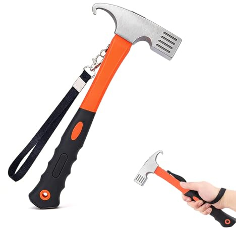 Camping Hammer Heavy Duty with Tent Stake Remover, Rustproof Camping Mallet | High Carbon Steel Tent Stake Hammer with Lanyard | with Non-Slip Grip & Wrist Strap | for Outdoor Camping Picnic