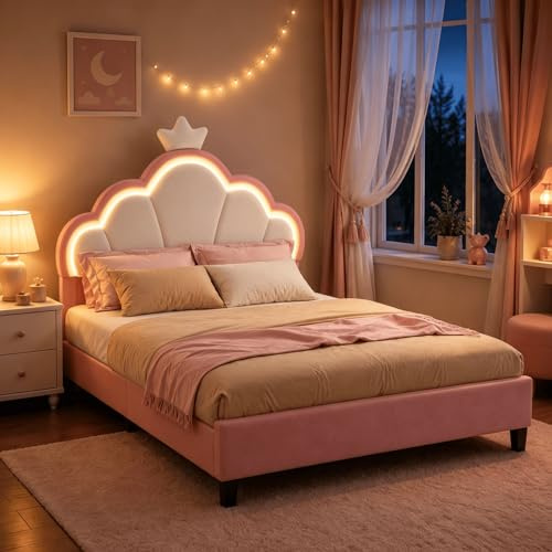 BRILVERDE Lit Rembourré 90x200 cm,Lit de Fille avec tête de LED réglable et sommier à Lattes, lit Fille, Design Forme Couronne pour Enfants et Adolescents,Velours (Rose et Blanc, 90x200)