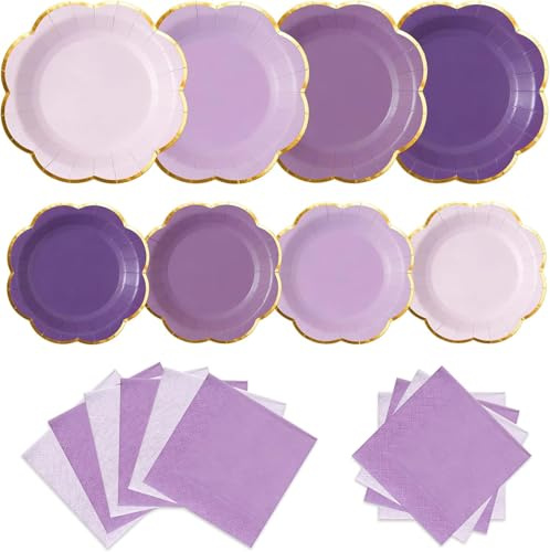 OuMuaMua 60 Pack Disposable Purple Party Paper Plates and Napkins | Scalloped Paper Tableware Set, Party Tableware for Wedding, Birthday Party, Tea Party and Baby Shower