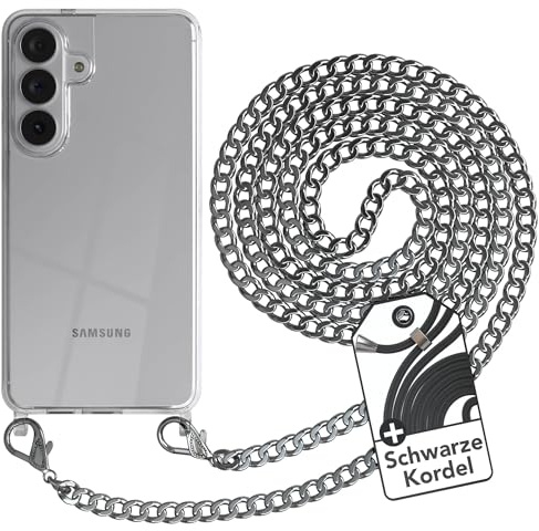 EAZY CASE Handykette kompatibel mit Galaxy S26 Plus Handyhülle mit Metall Umhängeband und Ersatz Kordel schwarz, Handykordel mit Schutzhülle, Stylische Kette, Metall - Silber