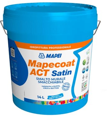 MAPEI Mapecoat Act Satin Smalto Murale Lavabile per Interni, Bianco, Finitura Satinata, Protezione Antimuffa e Antibatterica, Acrilico, Confezioni da 14L (14 Litri)