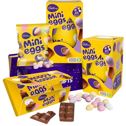 Cadbury Mini Eggs Easter Chocolate Hamper in a Cadbury Gifts Branded Gift Box - Mini Eggs Bag, Mini Egg Bar wrapped in a Cadbury Gifts Happy Easter Gift Sleeve, Mini Eggs shell egg