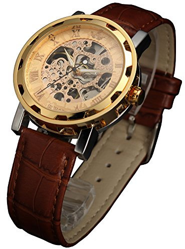 SEWOR Hollow Herren Analog Skeleton Carving Mechanische Handaufzug Armbanduhr mit Lederarmband SEW876 (Gold)
