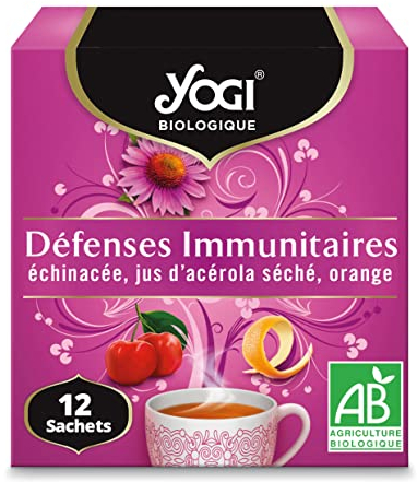 Yogi Biologique Défenses Immunitaires, Infusion 100% Bio Échinacée, Jus d'Acérola séché et Orange, 12 Sachets thermosoudés et sans agrafe, 24 g, 311011