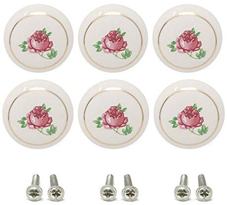 yueton 6Pcs 1-1/2 inch Hand Painted Ceramic Knobs Kitchen Cabinet Retro Vintage Door Drawer Handles Pulls for Dresser Cupboard Wardrobe (Pink Rose)