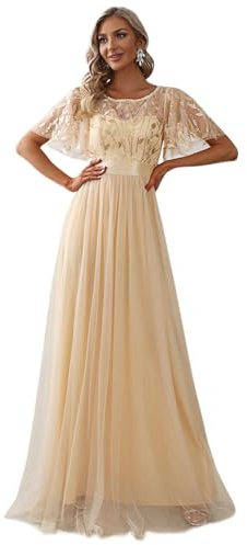 Ever-Pretty Damen Abendkleid A-Linie Spitze Kurze Ärmel Partykleid lang Gold 40
