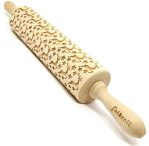 Folkroll - Mattarello in legno di faggio, con motivo inciso, renna e stelle, lunghezza: 43 cm